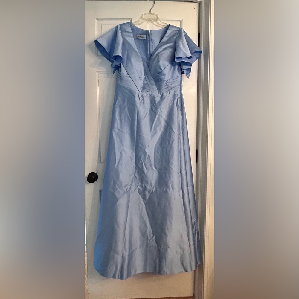 JJs House Satin Light Blue V-Neck Flutter Sleeve A-Line Gown - Picture 3 of 6